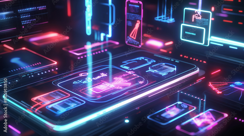 A futuristic digital shopping interface in a store with holographic displays. A futuristic digital shopping interface in a store with holographic displays.