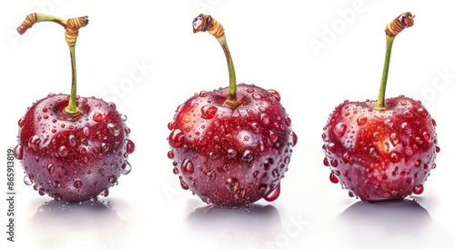 Three Red Cherries Covered in Dew Drops