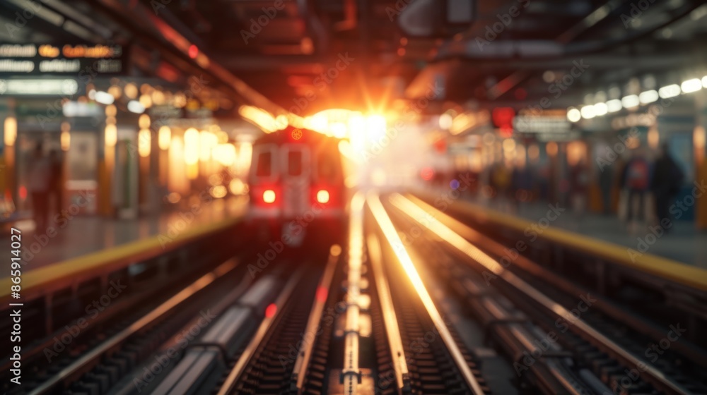 Sunset view of a busy subway station with a train arriving, highlighting urban transportation and city life atmosphere. Sunset view of a busy subway station with a train arriving, highlighting urban transportation and city life atmosphere.