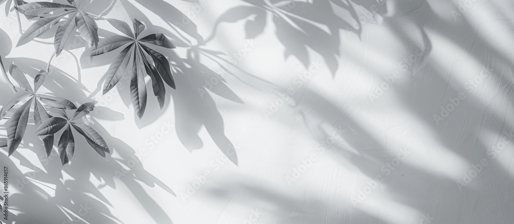 Natural shadow overlay on white texture background for product presentation, backdrop, and mockup, representing the summer season concept Natural shadow overlay on white texture background for product presentation, backdrop, and mockup, representing the summer season concept