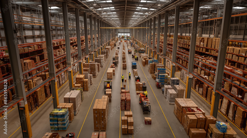 A vast warehouse filled with shelves of boxes and busy workers. A vast warehouse filled with shelves of boxes and busy workers.