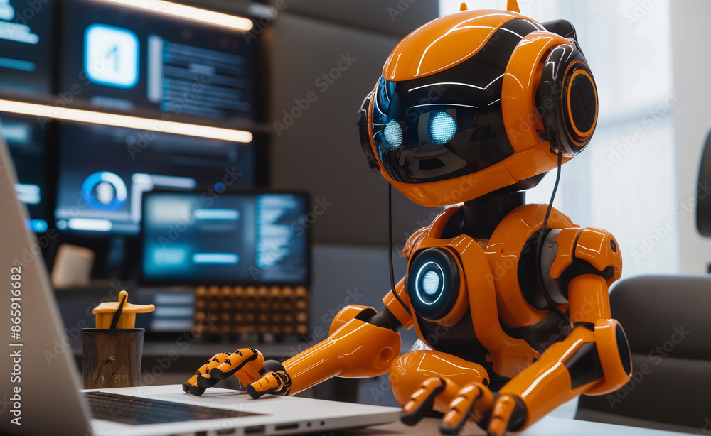 Fototapeta premium A cute orange robot working on a laptop in a high-tech control room.