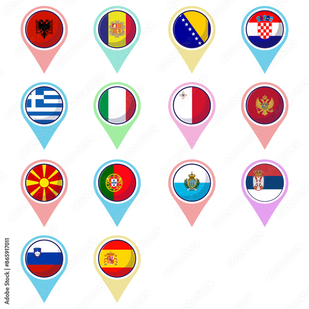 Southern European Countries Flags. Flat vector map element design, travel symbols, landmark symbols, geography and map emblems. Southern European Countries Flags. Flat vector map element design, travel symbols, landmark symbols, geography and map emblems.