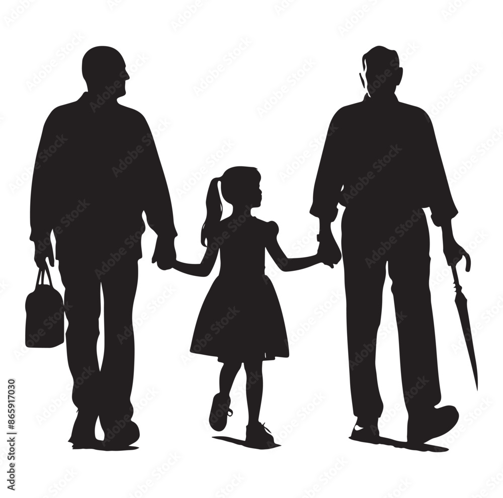 grandparents walking with granddaughter Silhouette vector Illustration. grandparents walking with granddaughter Silhouette vector Illustration.