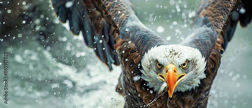 Dramatic close up shot of a powerful bald eagle with spread wings swooping down to catch a salmon fish in a splash of water photo