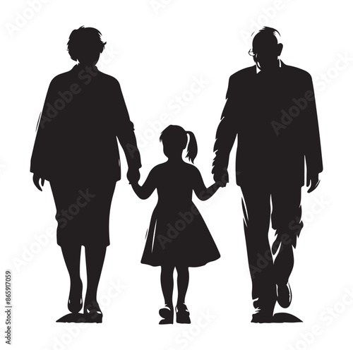  grandparents walking with granddaughter Silhouette vector Illustration. 