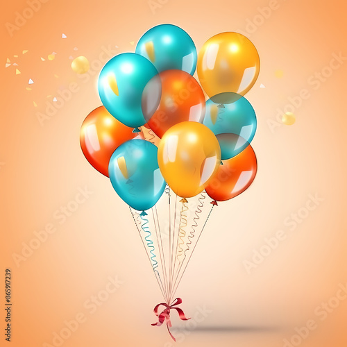 A cheerful bunch of colorful balloons tied together with a red ribbon, floating against an orange background, symbolizing celebration, happiness, and festive gatherings.