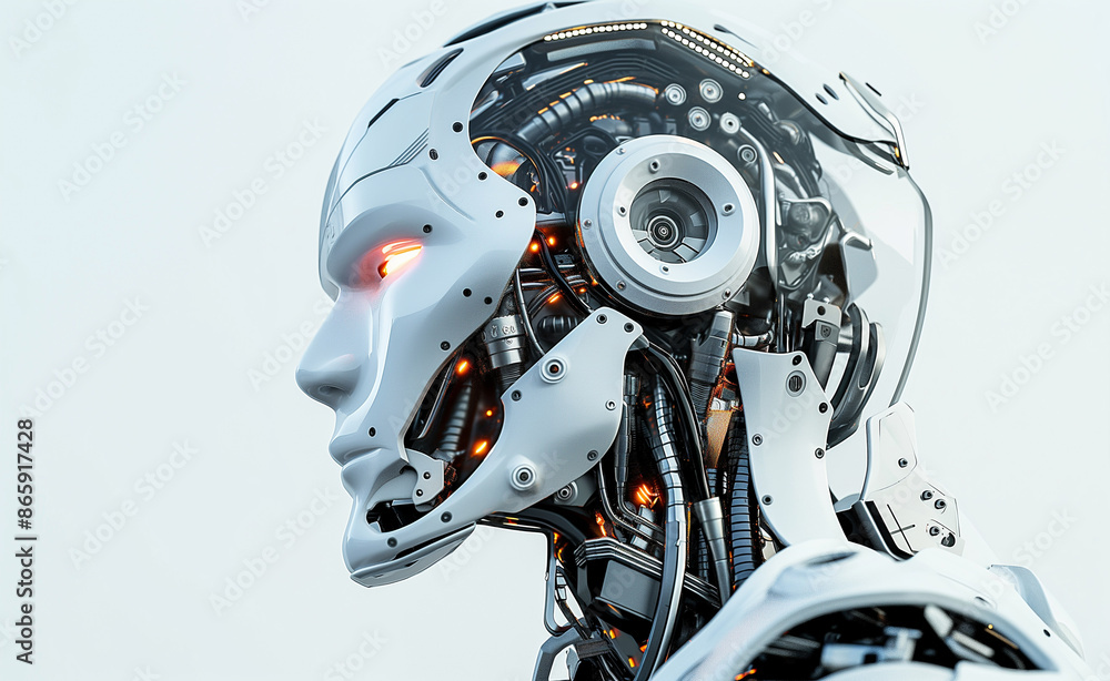 A close-up of a futuristic robot head with visible internal mechanisms. A close-up of a futuristic robot head with visible internal mechanisms.