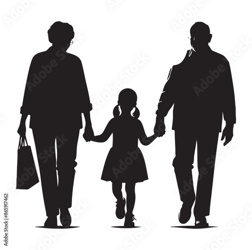  grandparents walking with granddaughter Silhouette vector Illustration. 