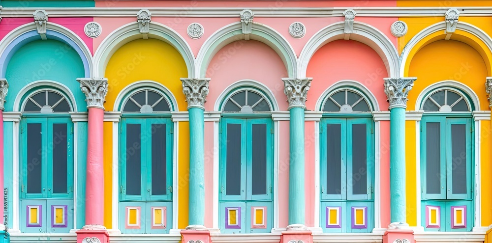 Fototapeta premium Colorful Arched Windows in a Building - Illustration