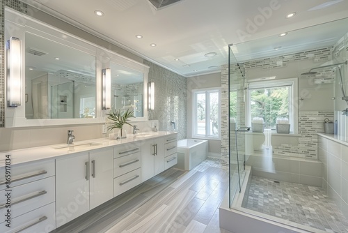 Wallpaper Mural A contemporary bathroom with a double vanity, glass shower, and chic tilework, combining style and functionality Torontodigital.ca