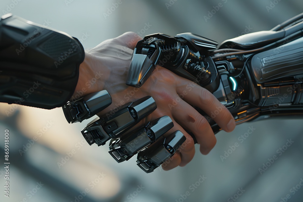 hand shaking between human and robot, integration between human and artificial intelligence. hand shaking between human and robot, integration between human and artificial intelligence.