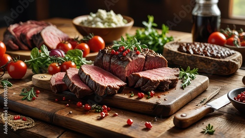 Sliced Roast Beef on Wooden Cutting Board. photo