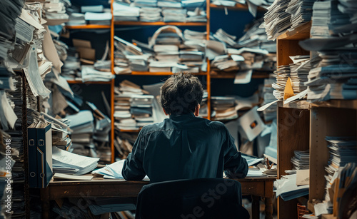 A person overwhelmed by stacks of paperwork in a cluttered office.