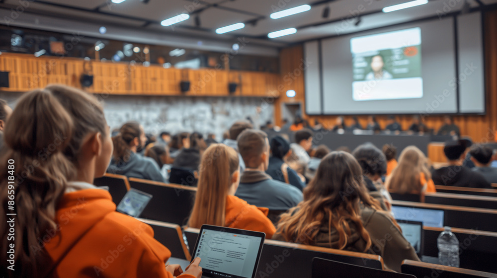 A large lecture hall filled with students attending a class or seminar. A large lecture hall filled with students attending a class or seminar.