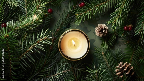 Holiday candle surrounded by fir branches © 2rogan