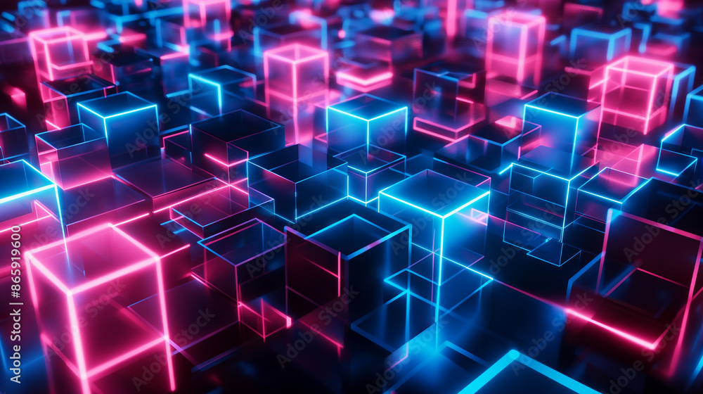 Glowing neon cubes arranged in a dynamic and futuristic pattern. Glowing neon cubes arranged in a dynamic and futuristic pattern.