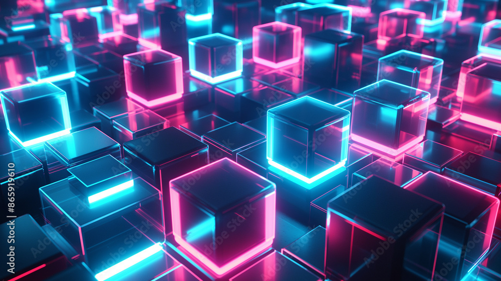 Glowing neon cubes arranged in a dynamic and futuristic pattern. Glowing neon cubes arranged in a dynamic and futuristic pattern.
