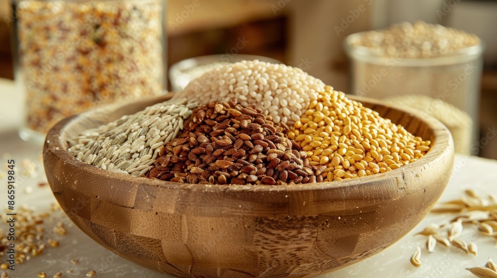Assorted grains in a wooden bowl on a clean surface, with a hyper detailed texture and light Assorted grains in a wooden bowl on a clean surface, with a hyper detailed texture and light