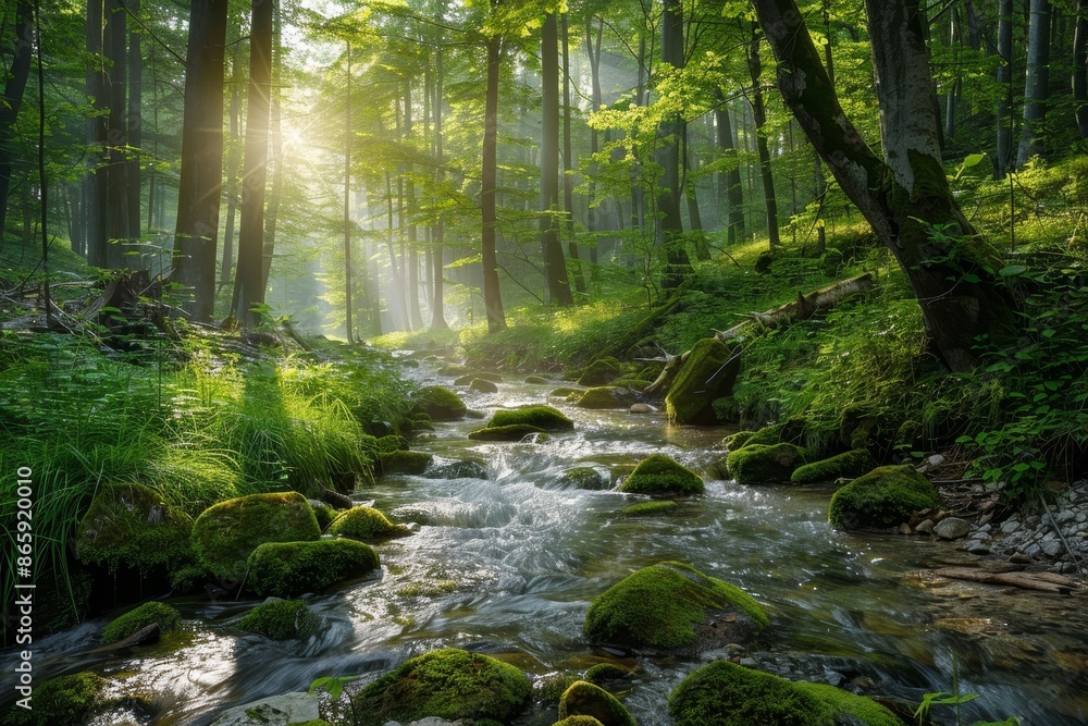 A tranquil forest stream meandering through a verdant forest, with sunlight filtering through the canopy and illuminating the moss-covered rocks A tranquil forest stream meandering through a verdant forest, with sunlight filtering through the canopy and illuminating the moss-covered rocks