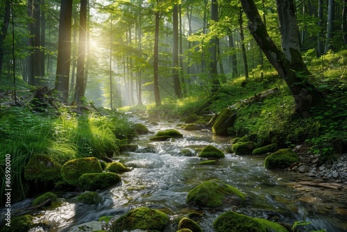 A tranquil forest stream meandering through a verdant forest, with sunlight filtering through the canopy and illuminating the moss-covered rocks