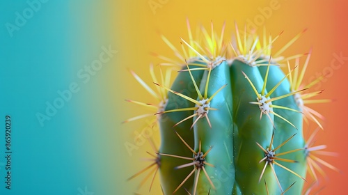 Macro view of cactus in front of split complementary colors, sharp focus, vivid and colorful photo