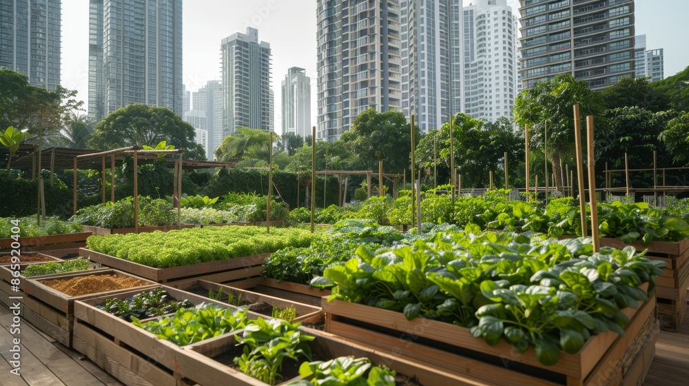 Urban community garden with raised beds of fresh vegetables, set against a backdrop of modern city skyscrapers and lush greenery. Urban community garden with raised beds of fresh vegetables, set against a backdrop of modern city skyscrapers and lush greenery.