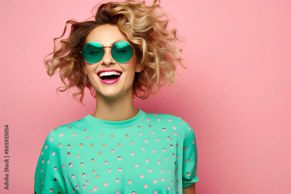 A happy woman with curly blonde hair, wearing a mint green outfit and green sunglasses, is set against a pink background, exuding joy and fresh style. A happy woman with curly blonde hair, wearing a mint green outfit and green sunglasses, is set against a pink background, exuding joy and fresh style.