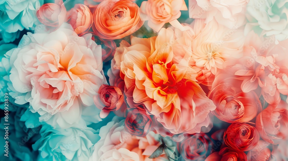 Vibrant and dreamy floral composition featuring a blend of pink, red, and white flowers with soft, blurred effects for a romantic atmosphere. Vibrant and dreamy floral composition featuring a blend of pink, red, and white flowers with soft, blurred effects for a romantic atmosphere.