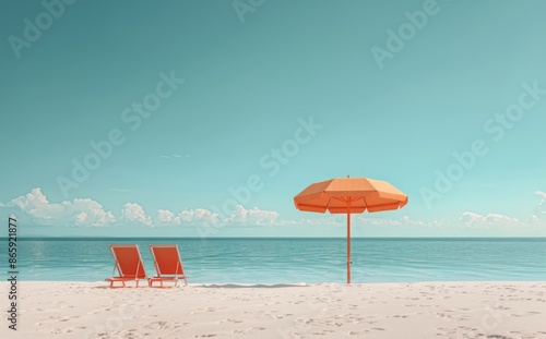 Two Beach Chairs and Umbrella on a Sunny Beach