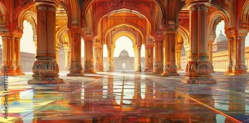 Golden Arches: 3D Illustration of an Indian Palace Courtyard