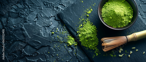 Panel kuchenny z motywem Matcha powder and whisk on dark slate with copy space