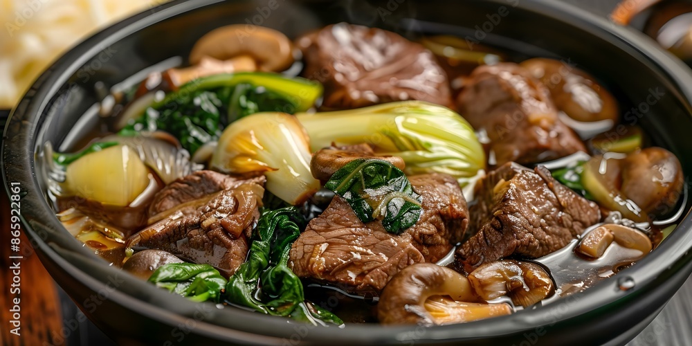 Sukiyaki beef and assorted mushrooms with cabbage and bok choy. Concept Sukiyaki Recipe, Beef and Mushroom, Cabbage and Bok Choy, Asian Cuisine, Savory Hotpot Sukiyaki beef and assorted mushrooms with cabbage and bok choy. Concept Sukiyaki Recipe, Beef and Mushroom, Cabbage and Bok Choy, Asian Cuisine, Savory Hotpot