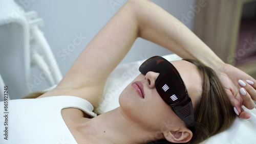 Laser hair removal treatment. Patient prepare to clinic skin care procedure. Medical dermatology photo equipment. People device. Cosmetology technology salon epilation. Body aesthetic concept