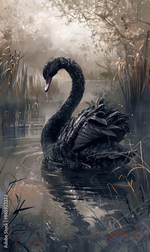 Fototapeta Naklejka Na Ścianę i Meble -  A black swan is swimming in a lake.