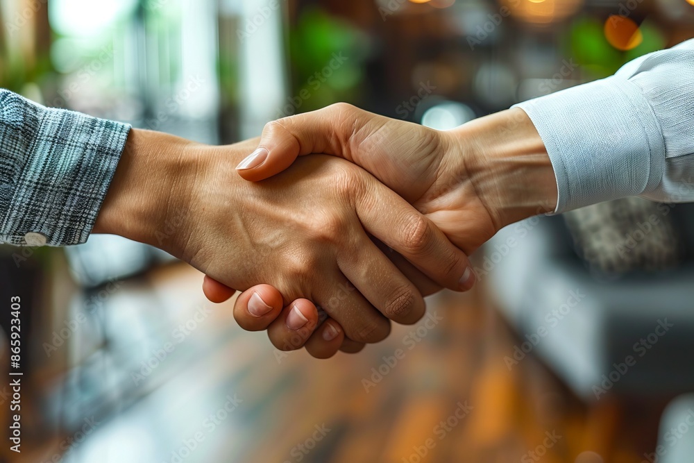 Two business people shaking hands in a room.