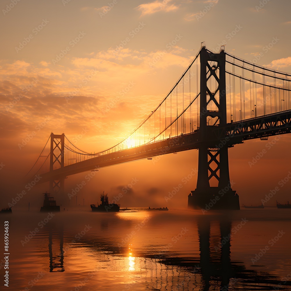 sunset behind a big foggy bridge sunset behind a big foggy bridge