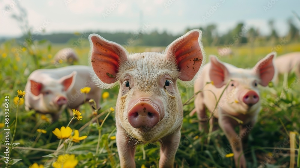 Rural View with Pigs in the Middle of a Field Rural View with Pigs in the Middle of a Field