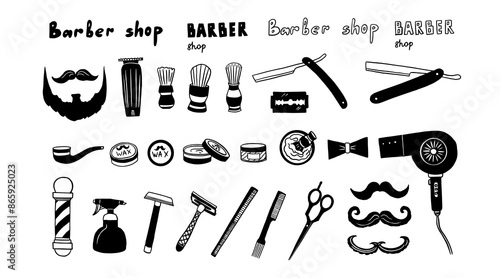 Set of barbershop tools. Wax, barber pole, azor, face razor, shaving razor, beard, bow-tie, mustache, scissors, men's butterfly, hair dryer, razor blade, manual razor. Stylist. Hairdresser. Hand drawn