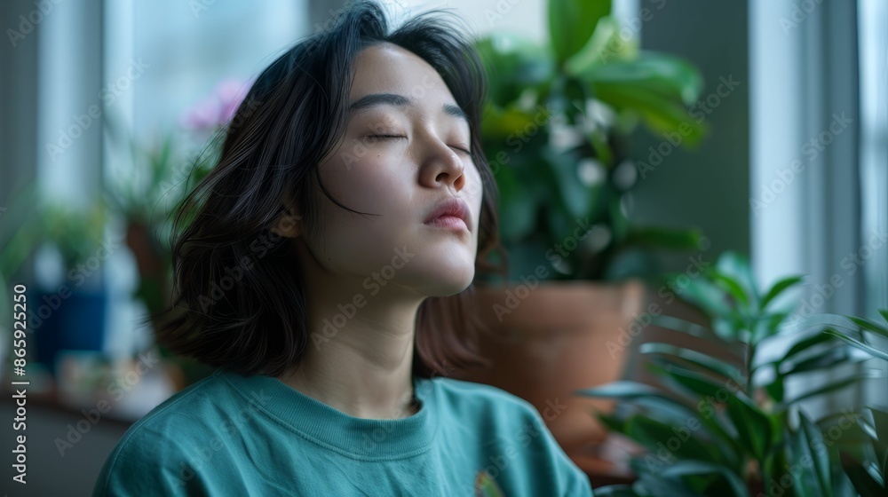 Young Woman Relaxing with Eyes Closed in a Room with Plants. Young Woman Relaxing with Eyes Closed in a Room with Plants.