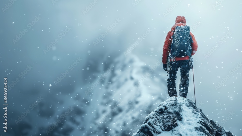 Hiker standing on snow-covered mountain peak in winter, facing misty atmosphere, embodying adventure and exploration. Hiker standing on snow-covered mountain peak in winter, facing misty atmosphere, embodying adventure and exploration.