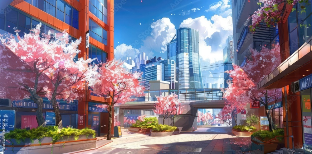 Cityscape Illustration with Cherry Blossom Trees Cityscape Illustration with Cherry Blossom Trees