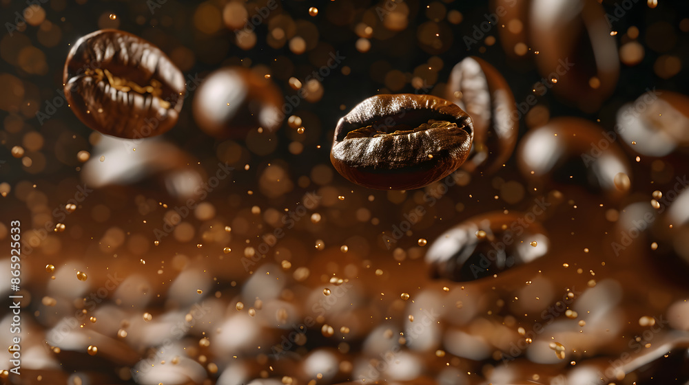 Floating coffee beans with droplets against a dark background Floating coffee beans with droplets against a dark background