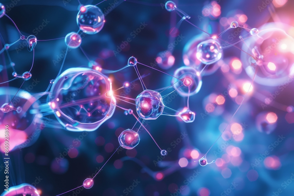 Abstract representation of interconnected biotech cells, showcasing the complexity and synergy of biological systems Abstract representation of interconnected biotech cells, showcasing the complexity and synergy of biological systems