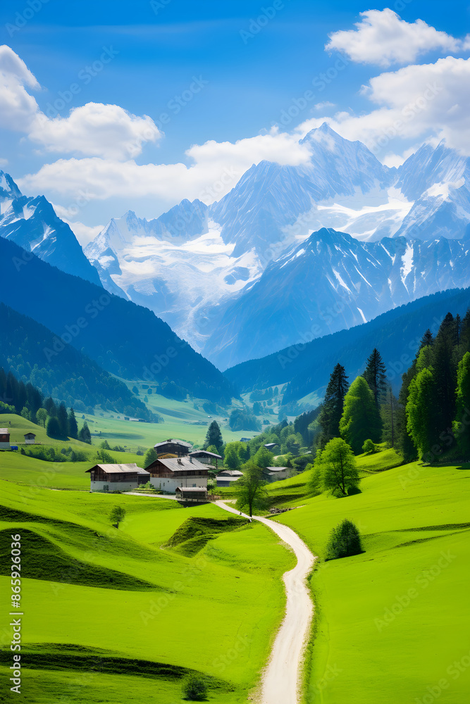 Breathtaking Alpine Landscape - Snow-Kissed Mountains, Vast Green Meadows, and Serene Blue Skies Breathtaking Alpine Landscape - Snow-Kissed Mountains, Vast Green Meadows, and Serene Blue Skies