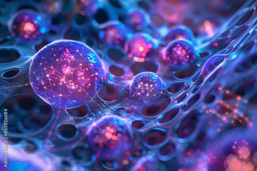 Digital artwork of interconnected biotech cells, illustrating the complex web of interactions in living organisms Digital artwork of interconnected biotech cells, illustrating the complex web of interactions in living organisms