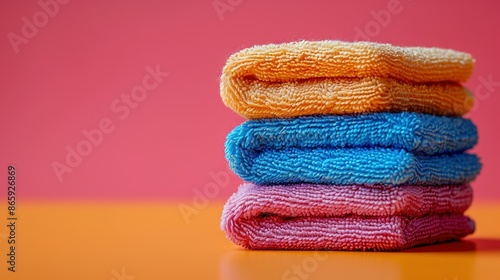   A vibrant stack of multicolored towels rests atop a sunny yellow table, surrounded by the warm hues of pink and orange walls