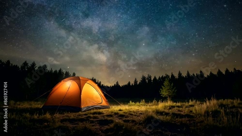 Camping tent glows under a night sky full of stars. Camping, adventure, travel concept.