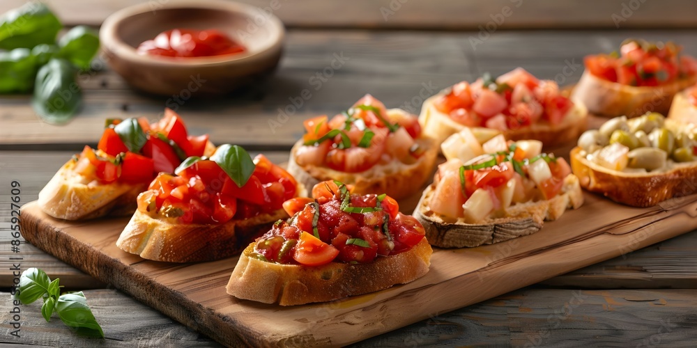 Italian bruschetta platter showcasing assorted toppings on a rustic wooden board. Concept Food Photography, Appetizer Display, Culinary Art, Rustic Presentation, Italian Cuisine Italian bruschetta platter showcasing assorted toppings on a rustic wooden board. Concept Food Photography, Appetizer Display, Culinary Art, Rustic Presentation, Italian Cuisine