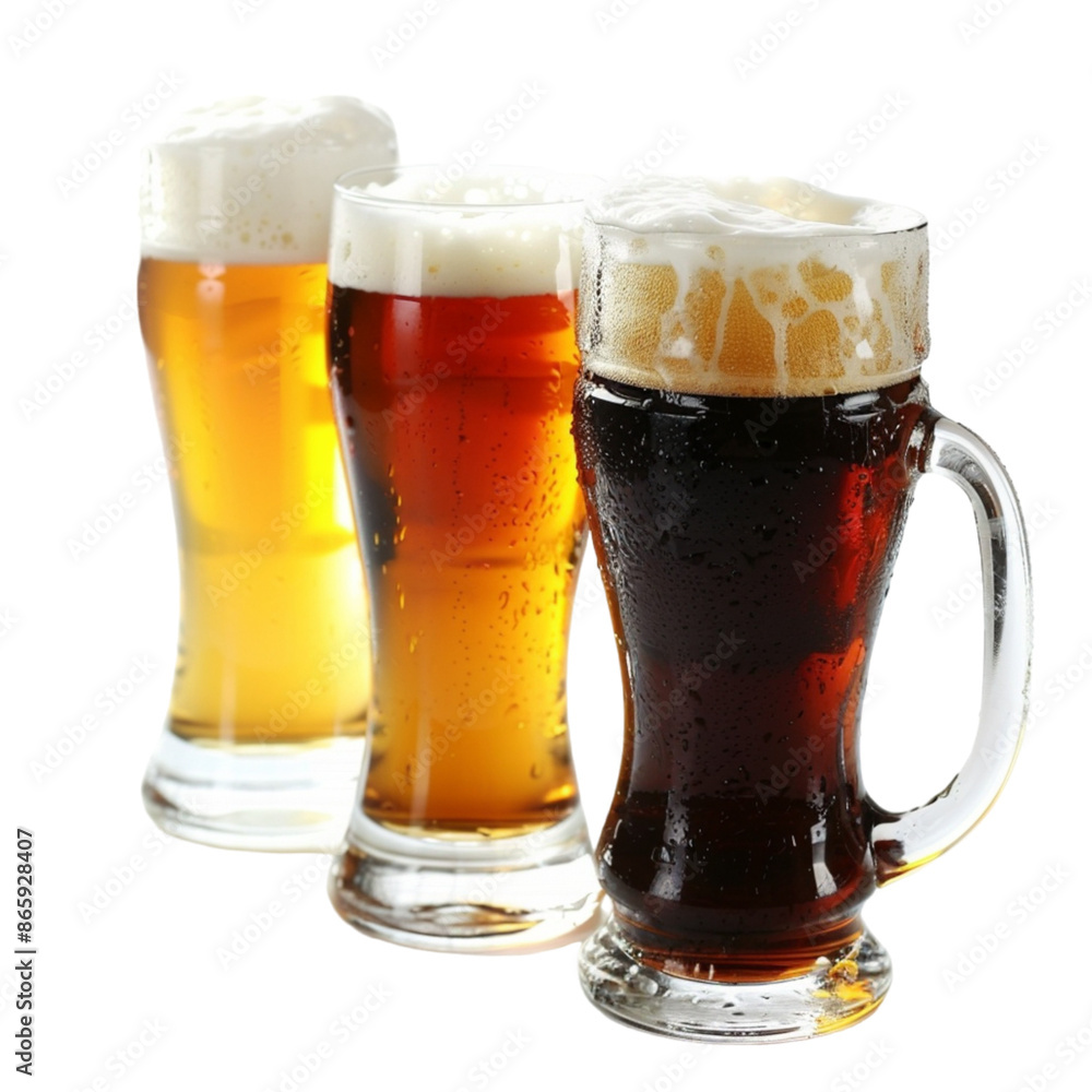 Three Glasses of Frothy Beer With White Background Three Glasses of Frothy Beer With White Background